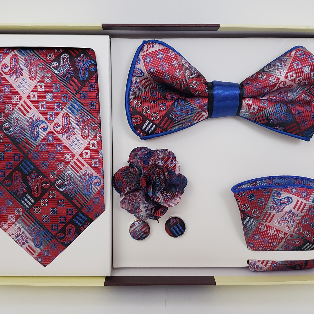 Blue Red Bow Tie & Necktie Bud Hanky CuffLink Set